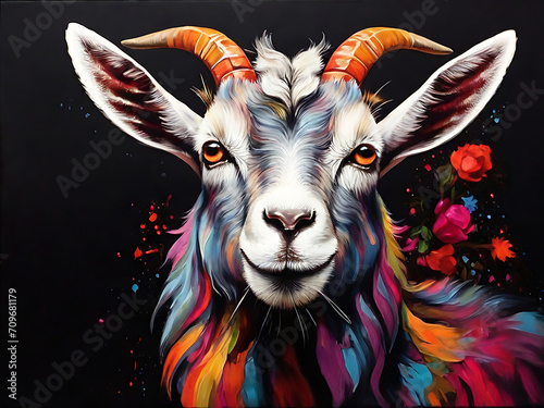  painting of goat with vibrant colors on a dark canvas