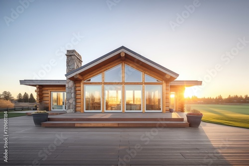 sunrise casting glow on a log cabin with fulllength glass windows photo