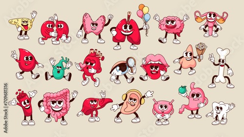Groovy human healthy organs cartoon characters set. Funny body anatomy collection of medical emoji with happy faces, retro internal organs cartoon mascots, stickers of 70s 80s vector illustration