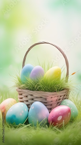 Eggs hunt. Easter eggs in basket on light green grass blurred background. Holiday greeting card concept. Illustration watercolor style. Copy space.