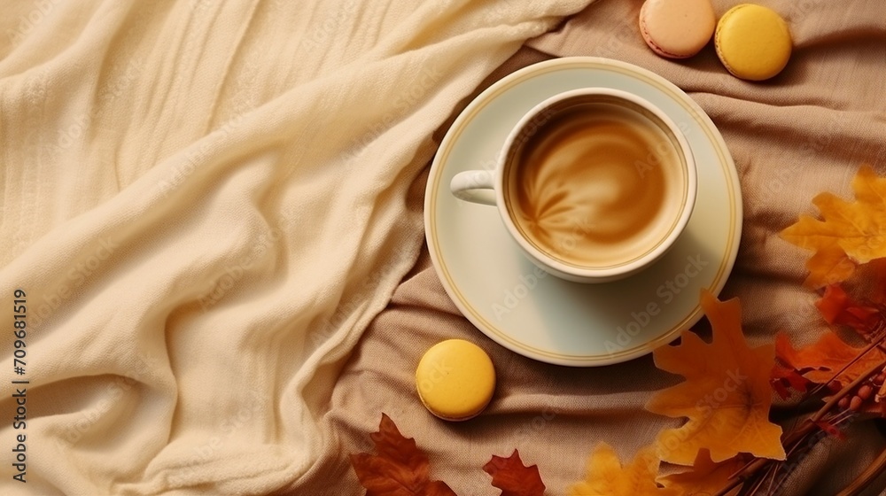 Cozy Autumn Business Concept - Top View Photo of Coffee, Croissants, and Keyboard on Rattan Placemat with Yellow Maple Leaves and Scarf, Isolated on Beige Background