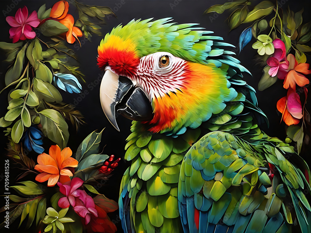 Obraz premium painting of macaw parrot with vibrant colors on dark canvas