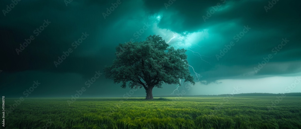 Lightning strikes a One tree in a green field. A stormy sky with ...