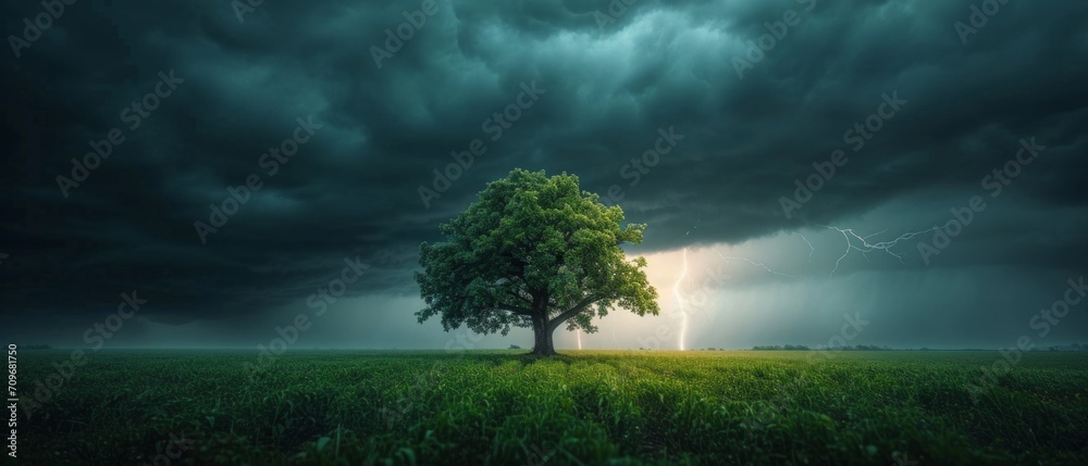 Lightning strikes a One tree in a green field. A stormy sky with thunder over country scenery.