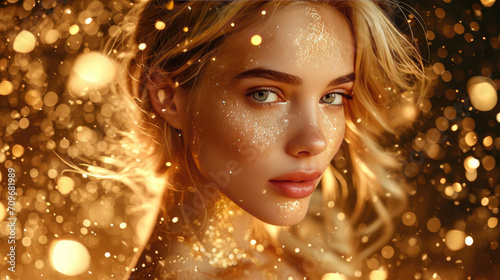 Blond woman model in gold glittering dress on golden background
