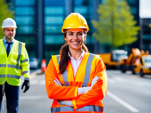 Portrait of a female construction worker with her team in the background