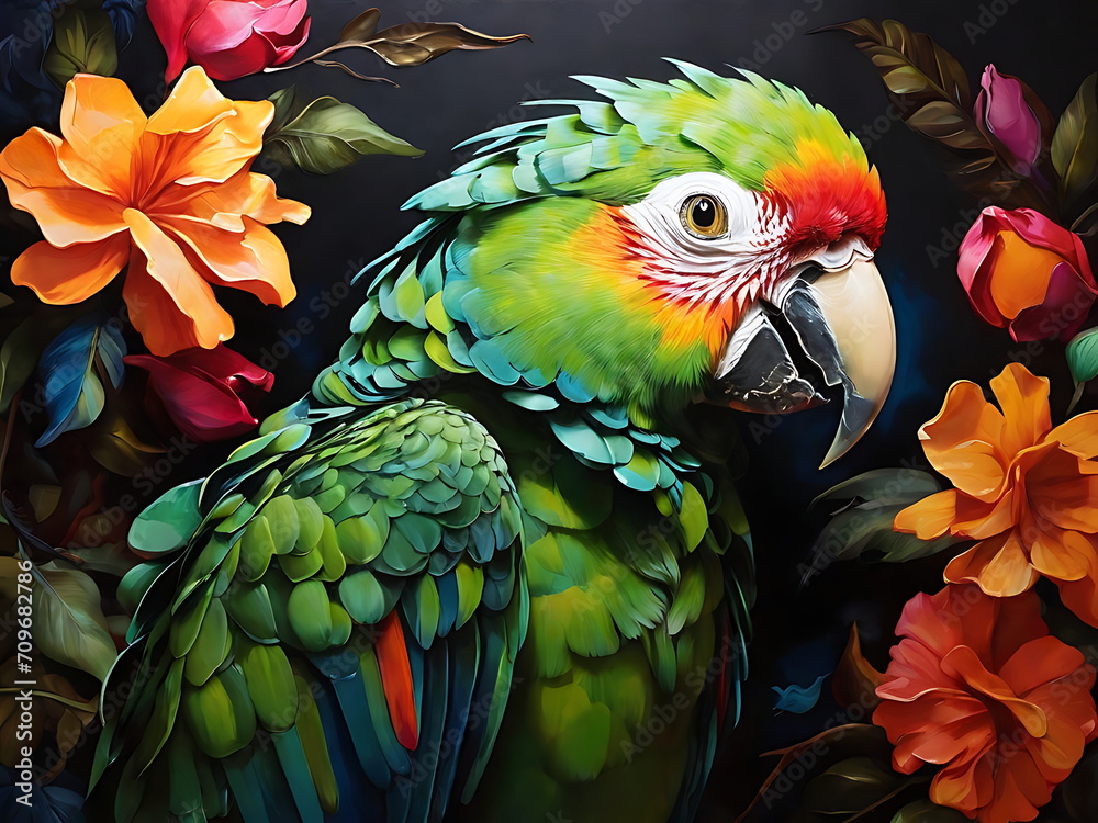 Obraz premium painting of macaw parrot with vibrant colors on dark canvas