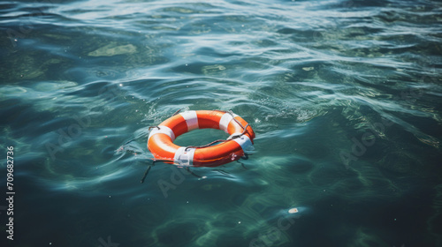 An orange and white lifebuoy floating on the calm surface of ocean water, symbolizing safety and emergency preparedness.
