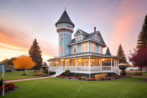 victorian house with turret and manicured front lawn photo
