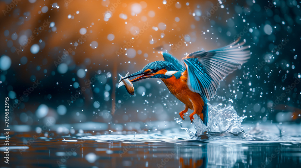 Kingfisher  (Alcedo atthis) flying after emerging from water with caught fish prey in beak. Kingfisher caught a small fish - obrazy, fototapety, plakaty 