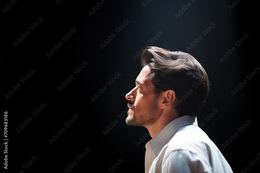 profile of actor in spotlight reciting monologue on dark stage profile of actor in spotlight reciting monologue on dark stage