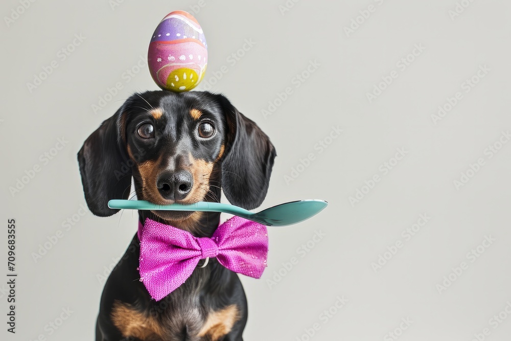 Close-Up of Dog Balancing Easter Egg.
Close-up of dachshund dog with an Easter egg balanced on a spoon.