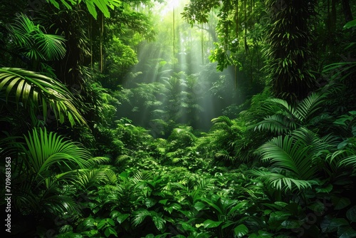 Lush greenery  a tropical jungle  a serene setting  Generative Ai.