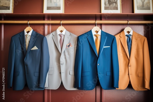 tailored suit jackets lined up on a shelf
