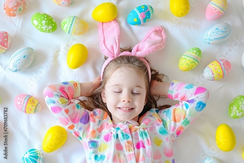 Smiling Child with Easter Bunny Ears and Eggs. Cheerful child with bunny ears and a bright tie-dye shirt surrounded by Easter eggs.
