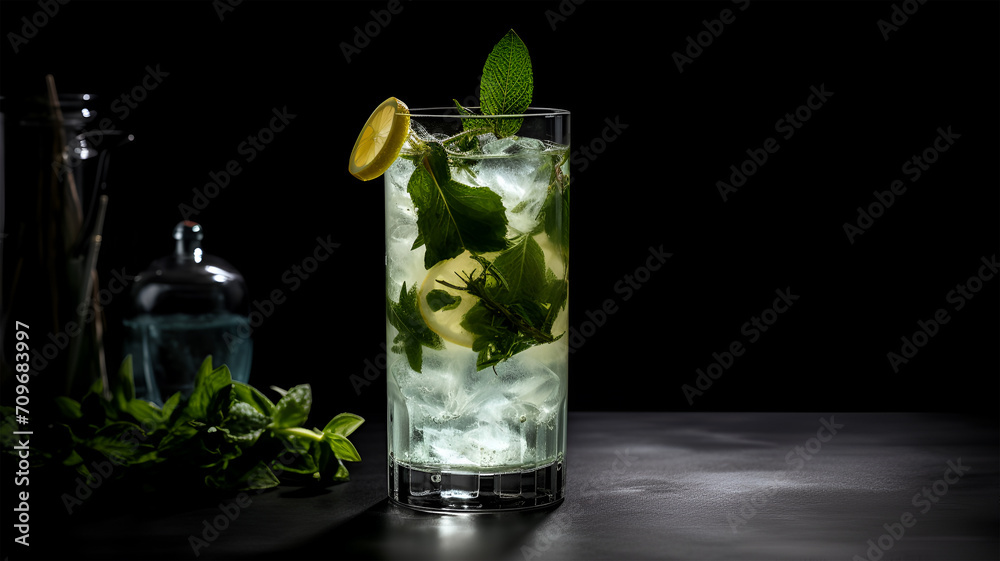 Delicious cocktail with lime and ice in long-drink glasses on a blurred wooden table background. Selective focus image. Delicious cocktail with lime and ice in long-drink glasses on a blurred wooden table background. Selective focus image.