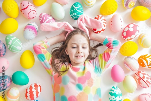 Young Girl Enjoying Easter Festivities. Smiling young girl with bunny ears surrounded by a variety of Easter eggs. © AI Visual Vault