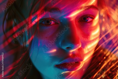 Woman's face illuminated by vibrant neon lights. Versatile image for various creative projects