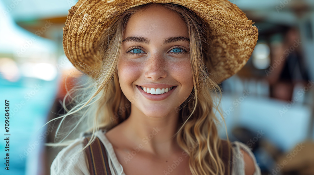 Portrait of a woman smiling, cruise ship dock on the background. 