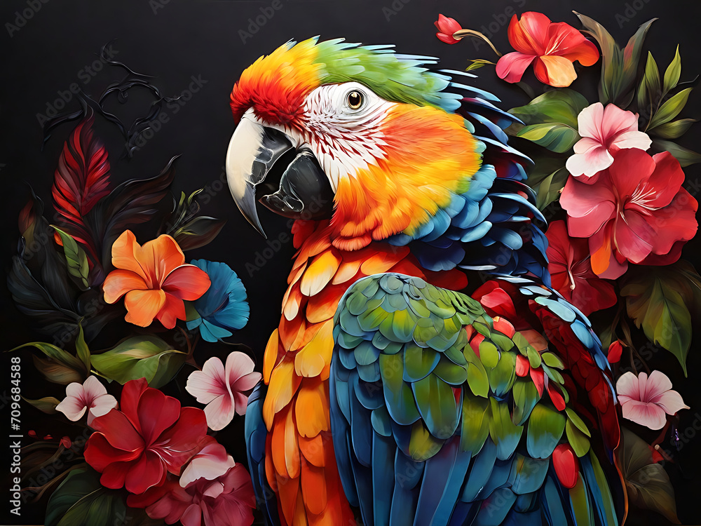 Obraz premium painting of macaw parrot with vibrant colors on dark canvas