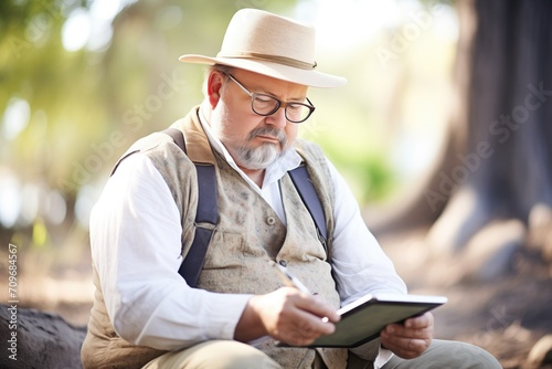 paleobotanist using digital tablet at dig site