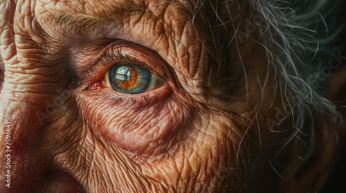A detailed close-up of an elderly woman's eye, showcasing the intricate lines and textures. Perfect for medical or beauty-related projects photo