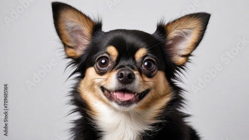 Portrait of Black and tan long coat chihuahua dog on grey background © QuoDesign
