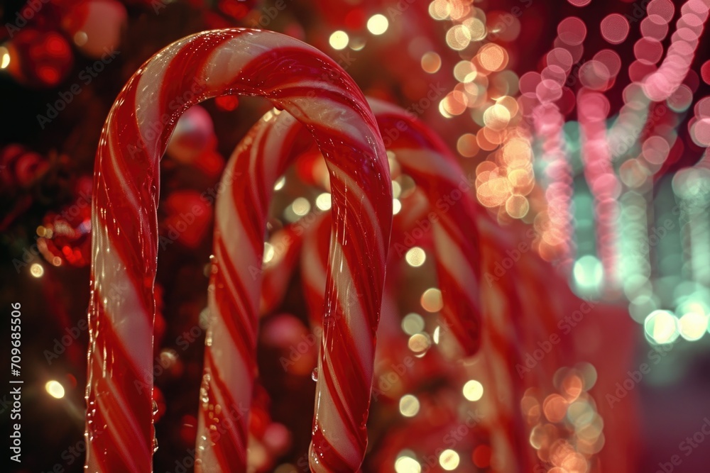 A close-up view of a candy cane with festive lights in the background. Perfect for holiday-themed designs and Christmas decorations