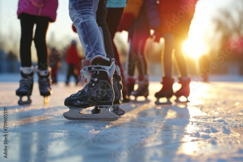 A group of people riding skates on top of a snow covered ground. Perfect for winter sports and outdoor activities