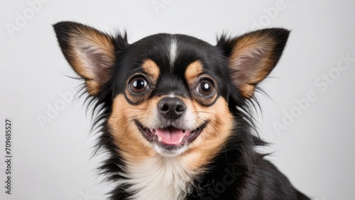 Portrait of Black and tan long coat chihuahua dog on grey background