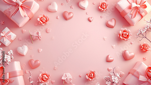 Valentines day Background with copy space for text 3d love  heart and tiny flower blank space for text
