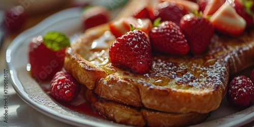 A plate of delicious French toast topped with fresh strawberries and a dusting of powdered sugar. Perfect for a sweet and indulgent breakfast or brunch.