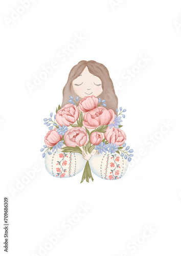 Girl with a bouquet of flowers spring png Ukraine embroidered shirt pink peonies