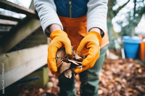 person wearing gloves collecting fallen leaves for compost
