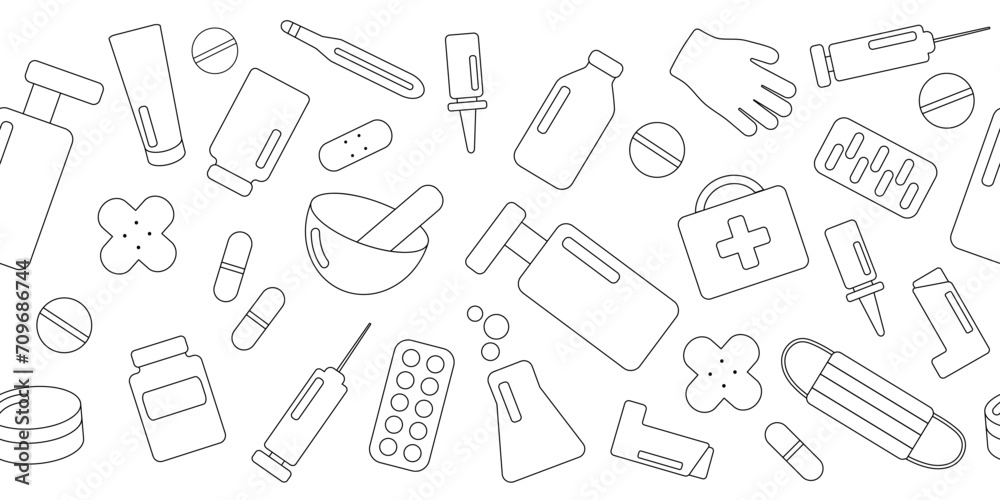 Set of pharmacy items. Black outline on white background. Seamless border. Vector illustration for coloring book, print, packaging.