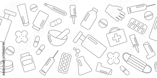 Set of pharmacy items. Black outline on white background. Seamless border. Vector illustration for coloring book, print, packaging.