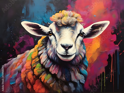  painting of sheep with vibrant colors on a dark canvas photo