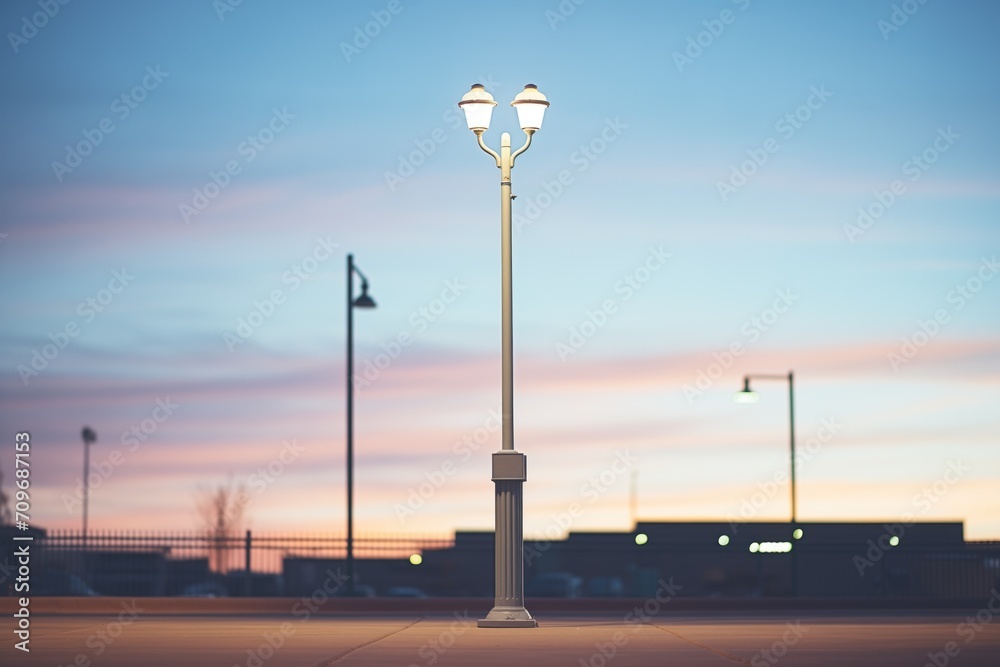 single lamp post at dusk with lights on