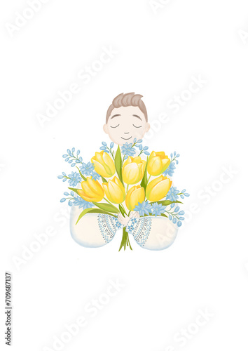 Man boy with a bouquet of flowers spring png holiday Ukraine embroidered shirt yellow tulips