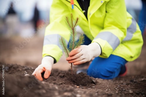 individual wearing gloves planting a young tree