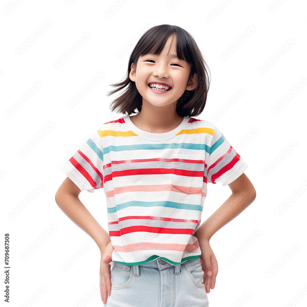 Front view mid shot of an Asian 10-year-old girl wearing a fun striped T-shirt and denim shorts, smiling on a white background Front view mid shot of an Asian 10-year-old girl wearing a fun striped T-shirt and denim shorts, smiling on a white background