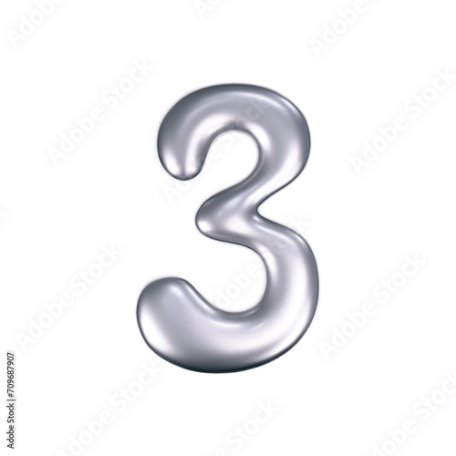 3d chrome liquid number 3 in y2k style isolated. Render of 3d metal inflated figures with glossy silver effect. 3d vector y2k typography digit