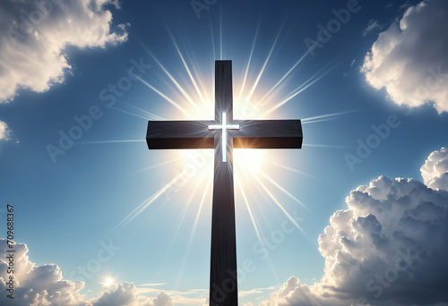 Christian cross appears bright in the sky background and soft clouds. Generative AI © Sergey Ilin