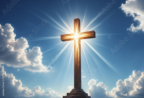 Christian cross appears bright in the sky background and soft clouds. Generative AI