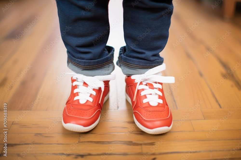 childs feet in oversized red sneakers