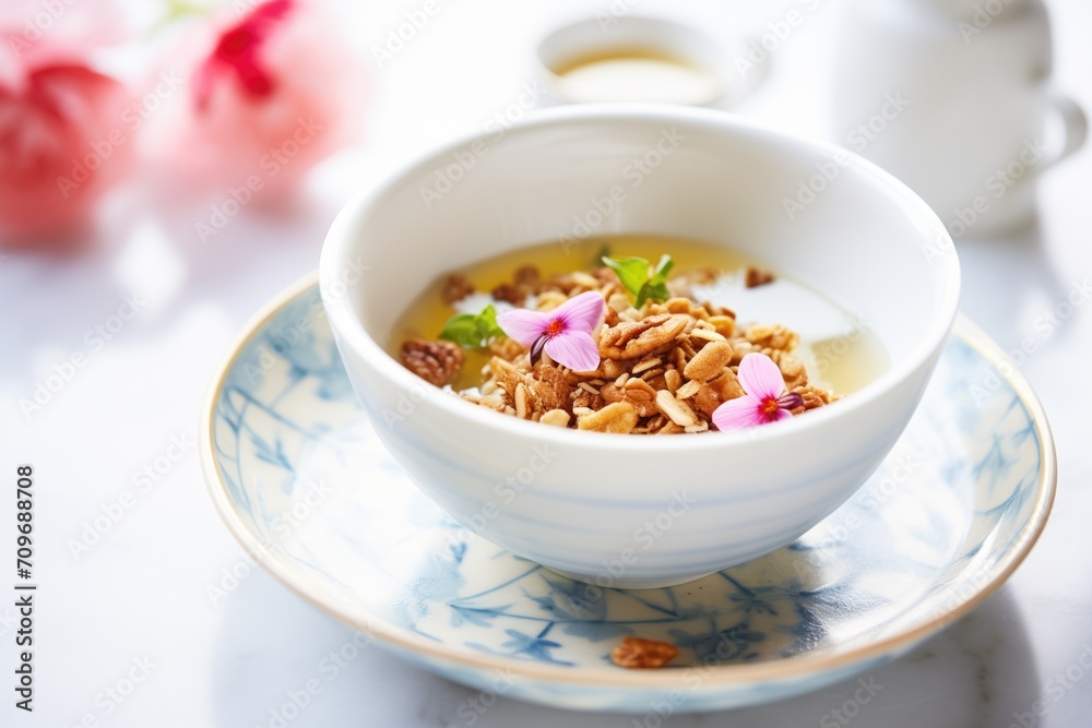 white bowl with sachet and granola breakfast white bowl with sachet and granola breakfast