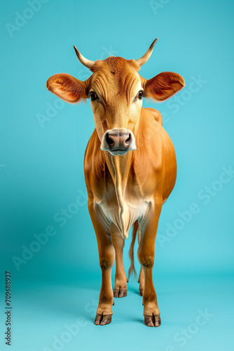 Ultra realistic and detailed cow surprised look, pink nose, on sky blue background photo