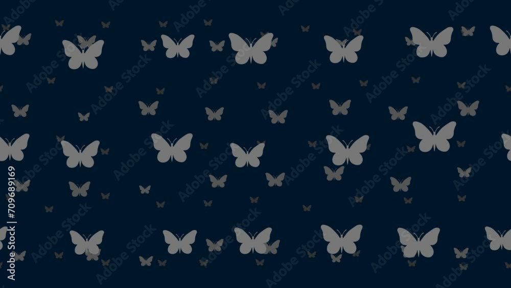 Butterfly symbols float horizontally from left to right. Parallax fly effect. Floating symbols are located randomly. Seamless looped 4k animation on dark blue background Butterfly symbols float horizontally from left to right. Parallax fly effect. Floating symbols are located randomly. Seamless looped 4k animation on dark blue background
