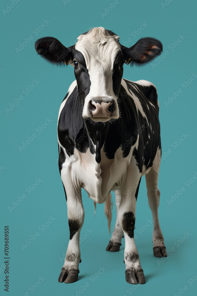 Ultra realistic and detailed cow surprised look, pink nose, on sky blue background