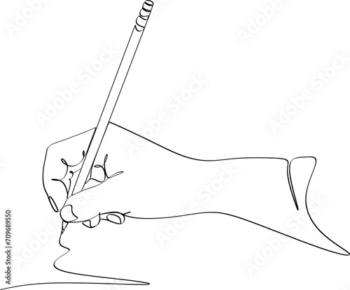 Continuous line drawing of a writing hand.